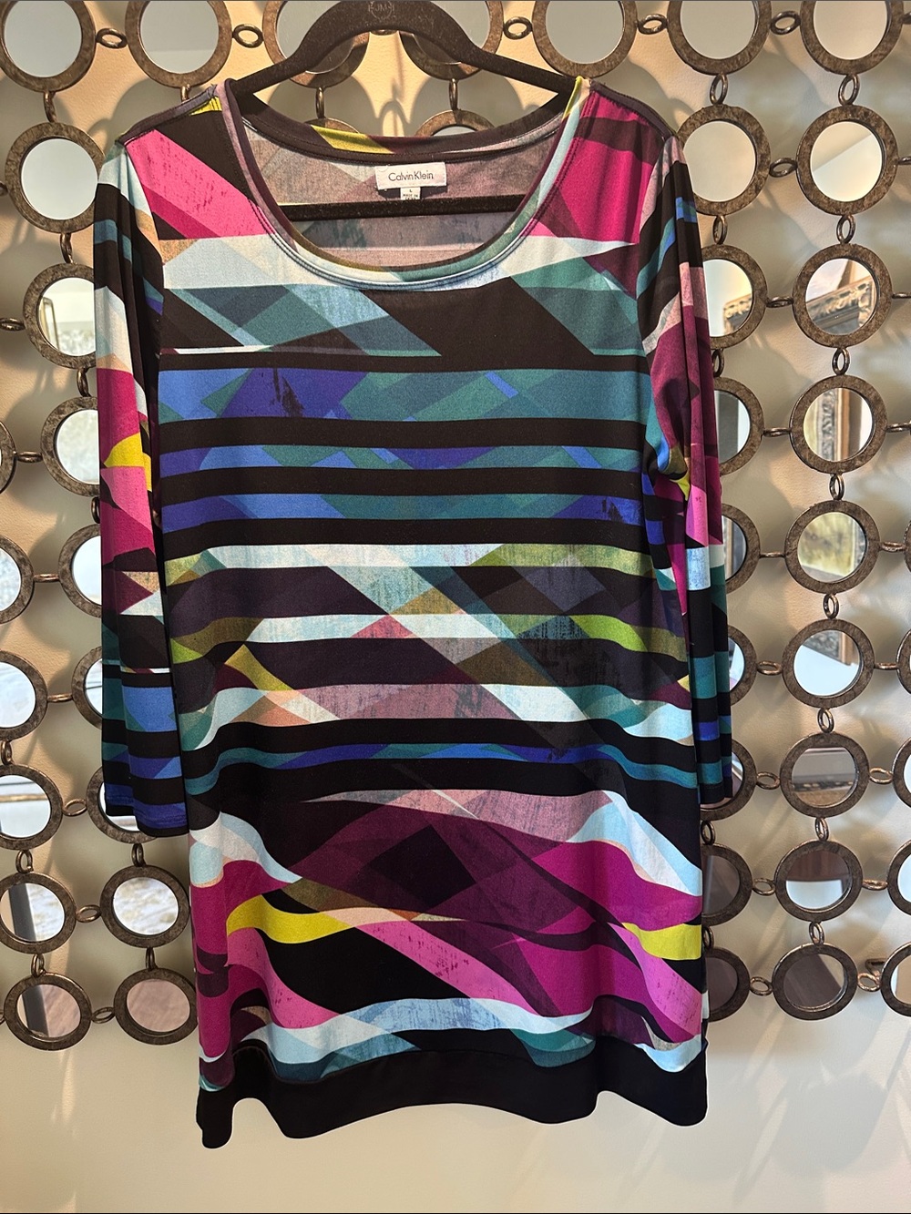 Calvin Klein Black Multicolor Abstract Stripe Long Sleeve Dress